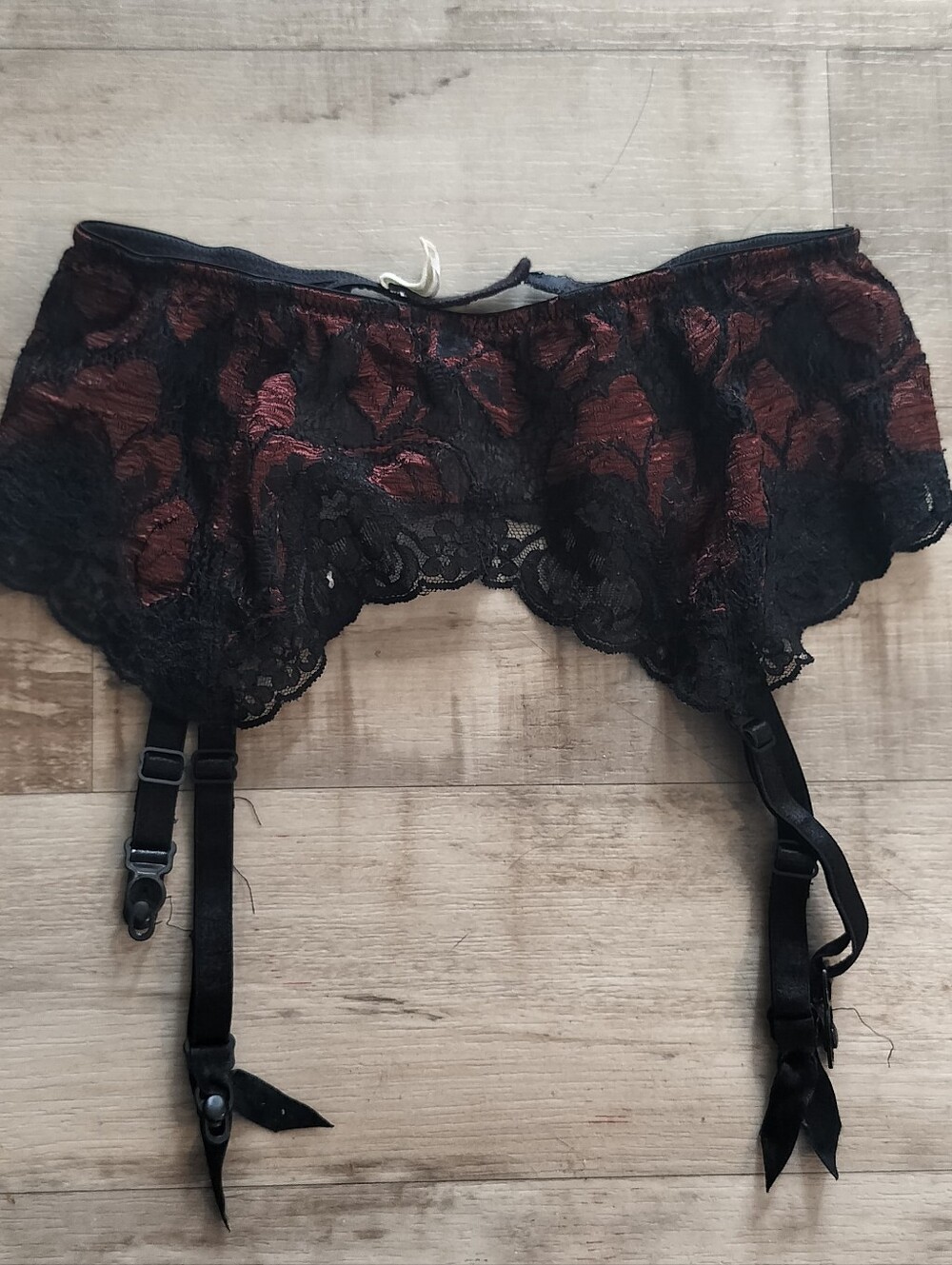 Victoria's Secret Black Lace Garter Belt with Burgundy Floral Underlay